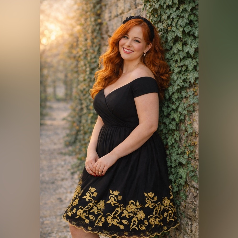 Torrid Retro Chic Black & Gold Embroidered Tulle Swing Dress, Size 14, NWT! - Picture 6 of 16